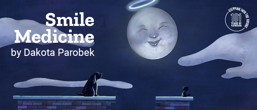 Smile Medicine by Dakota Parobek. Illustration of a dog and bird sitting on a brick wall looking at a smiling moon with a halo.