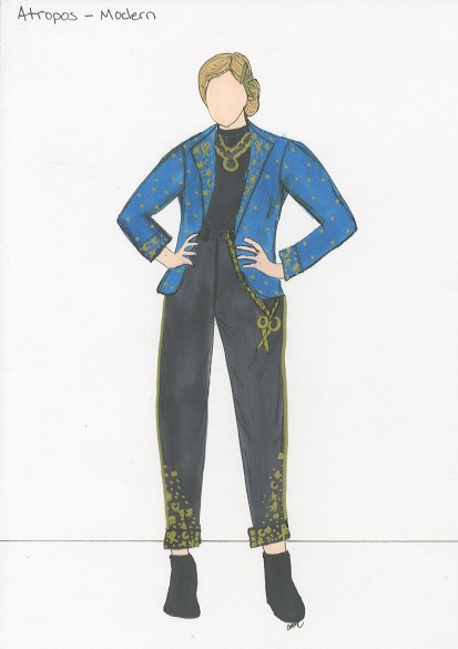 Atropos costume rendering, blue jacket and black pants, by Abigail Mansfield Coleman.