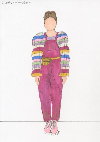 Clotho costume rendering, rainbow striped sweater and pink overalls, by Abigail Mansfield Coleman.