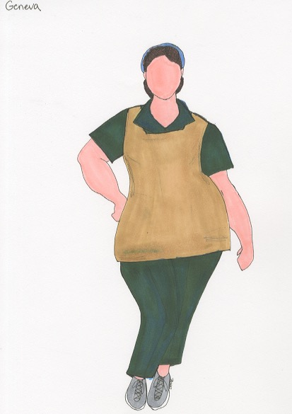 Geneva costume rendering, tan vest and green pants, by Abigail Mansfield Coleman.