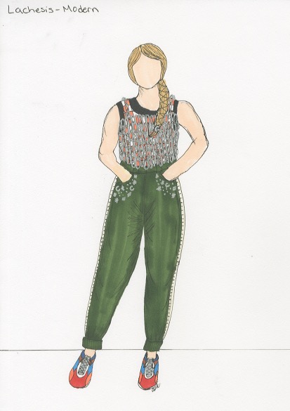 Lachesis costume rendering, multi-color top and green pants, by Abigail Mansfield Coleman.