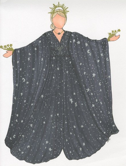 Night costume rendering, flowy black dress with stars, by Abigail Mansfield Coleman.