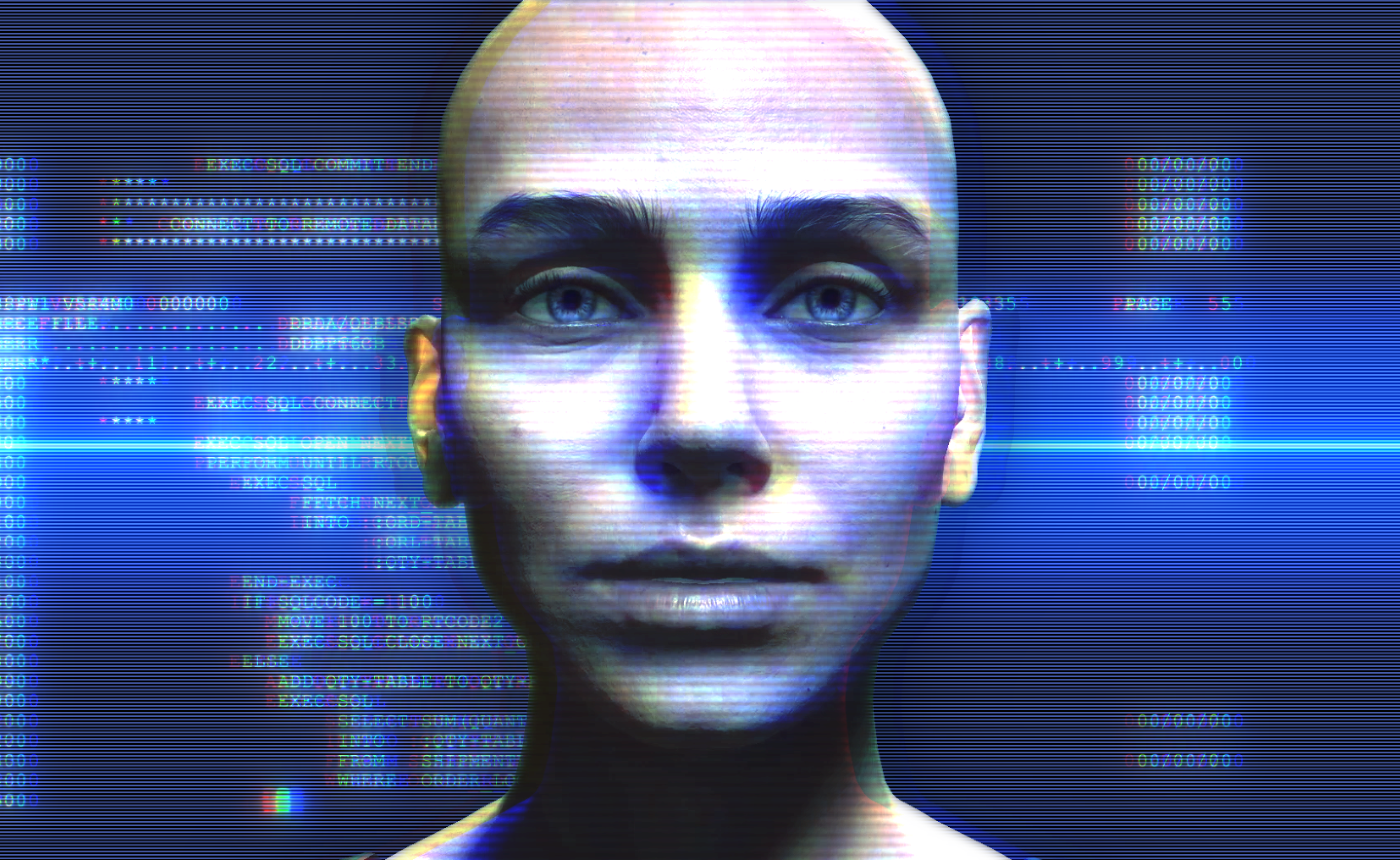 a human-appearing, light-skinned avatar with a bald head in front of a blue background displaying numbers like a computer screen