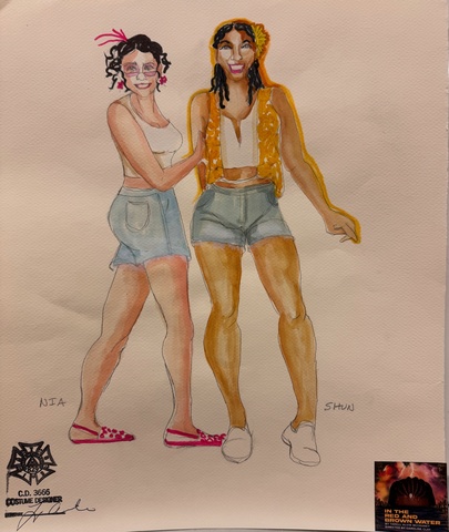 In the Red and Brown Water costume sketch of Nia and Shun by Loyce Arthur