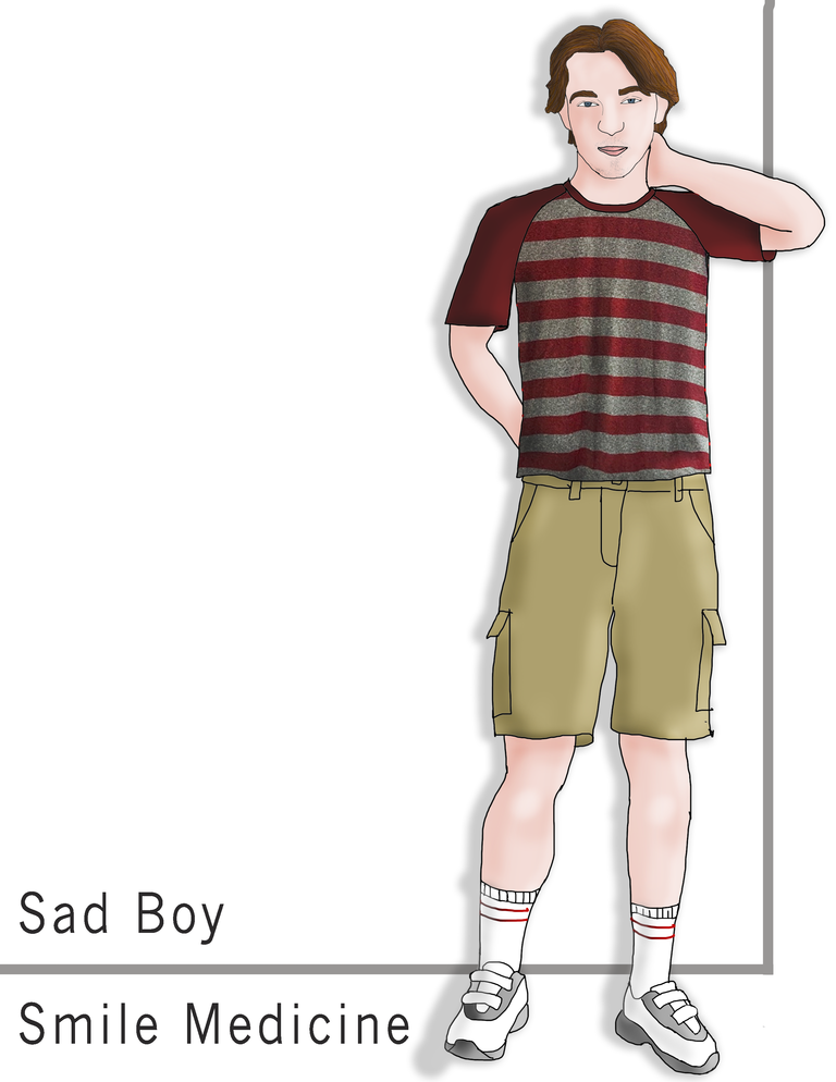 Costume rendering for Sad Boy. Striped shirt and khaki shorts with white tennis shoes.