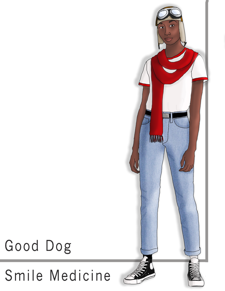 Costume rendering for Dog Dog. White t-shirt with red scarf, jeans, and sneakers.
