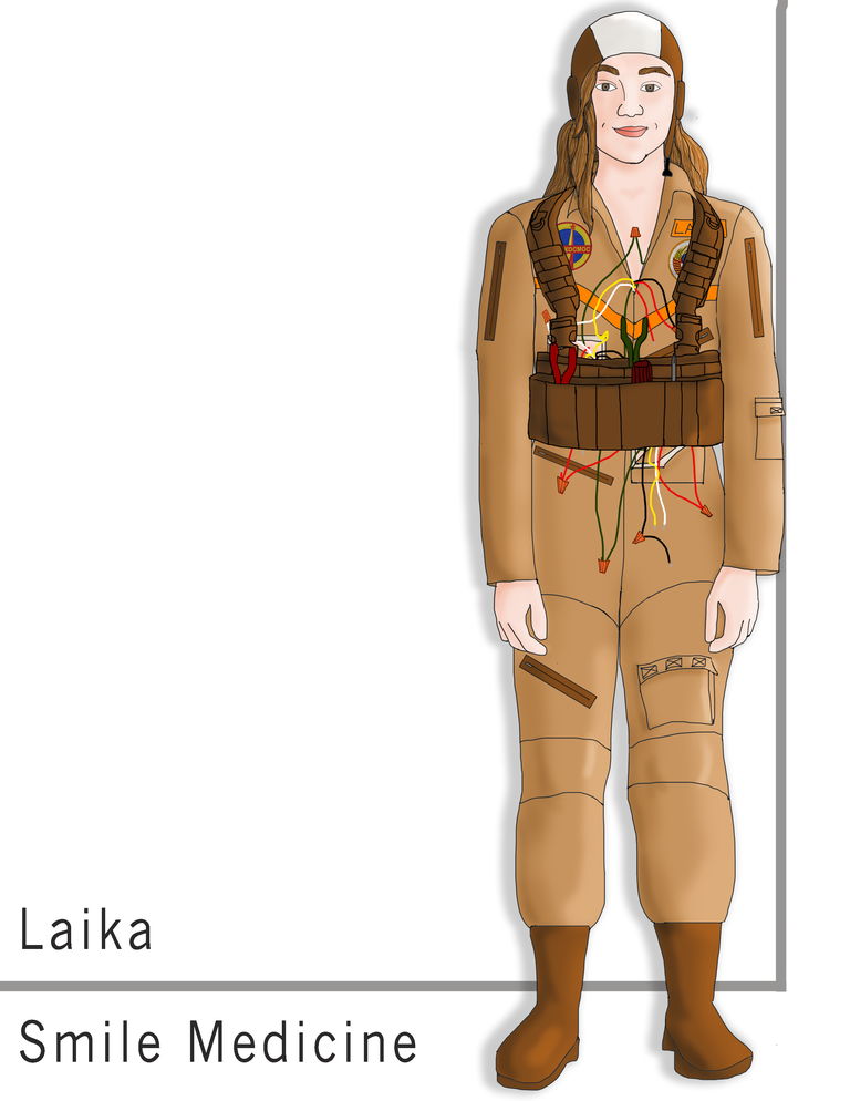 Costume rendering for Laika. Brown jumpsuit.