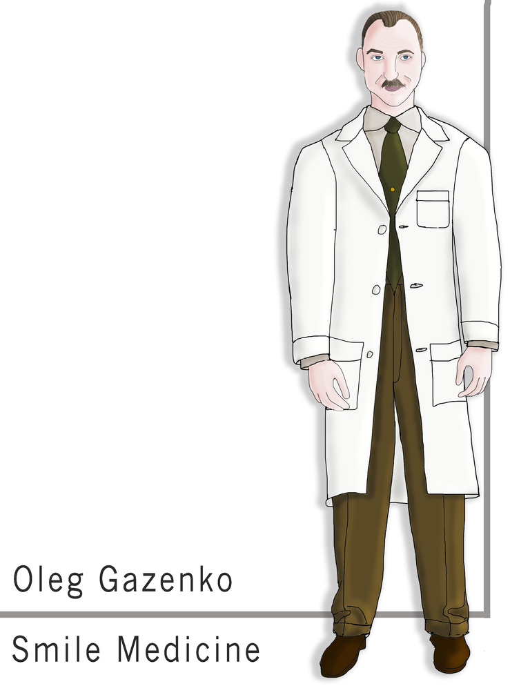 Costume rendering for Ole Gazenko. White lab coat, brown tie, brown pants, and brown shoes.