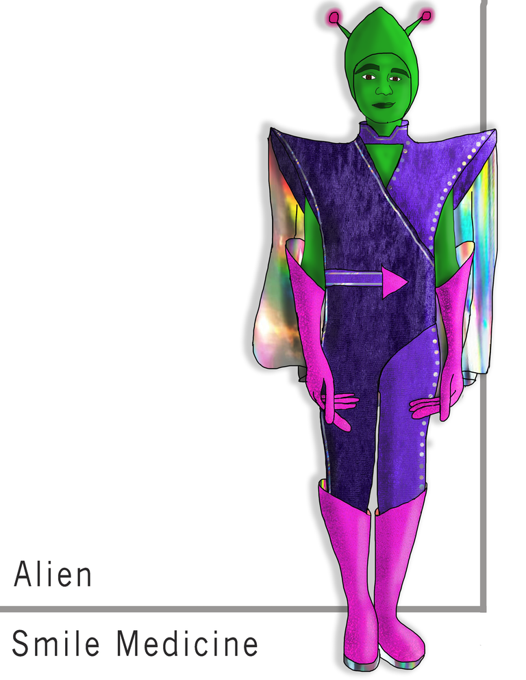 Costume rendering for Alien. Green makeup and headpiece, with purple bodysuit and bright pink boots.
