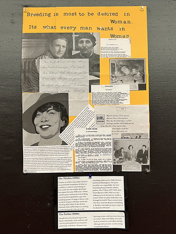 Collage of black and white images of women from 1930s-50s with the quote from the play "Breeding is most to be desired in Woman. It's what every man wants in Woman."Collage of images showing news clippings 
