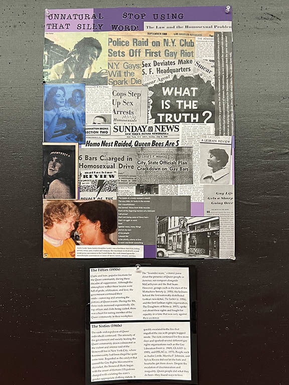 Collage of images and news clippings showing gay women with quote from the play: " Unnatural? Stop using that silly word!"