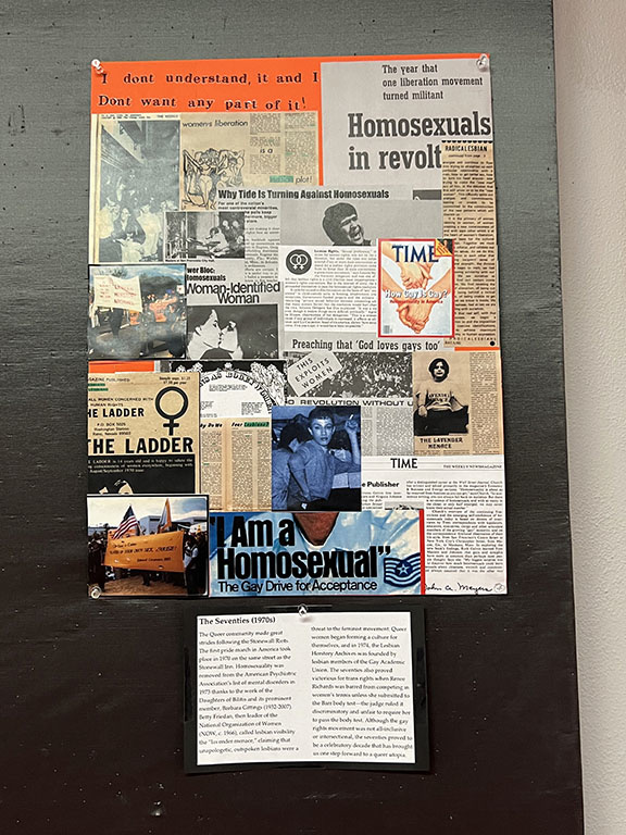 Collage of news clippings and images from the 1960s-80s showing the emergence of Pride and gay advocacy
