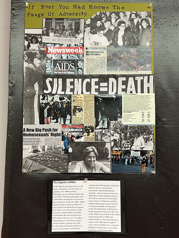 Collage of news clippings and images from the 1960s-80s showing the emergence of Pride and gay advocacy
