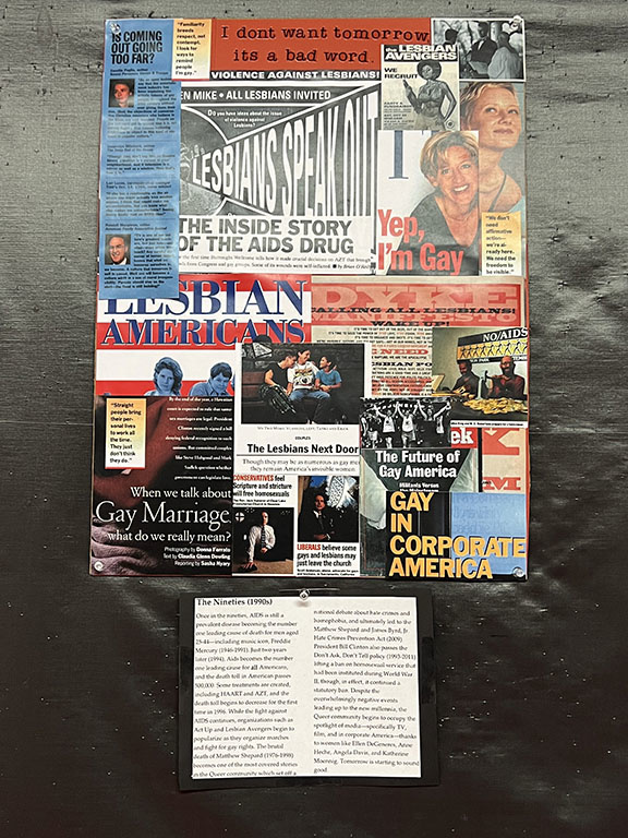 Collage of images and news clippings showing gay women with quote from the play: "I don't want tomorrow, it's a bad word."