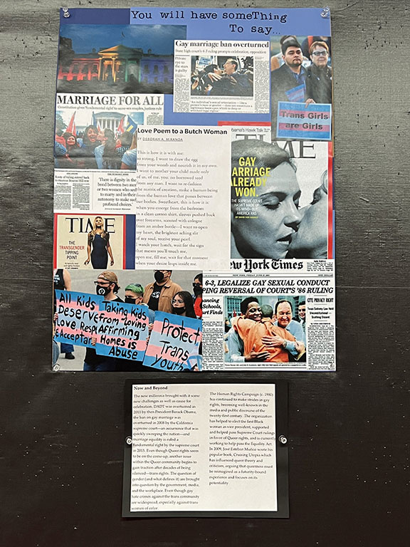 Collage of images and news clippings showing gay and trans protests with quote from the play: "You will have something to say"